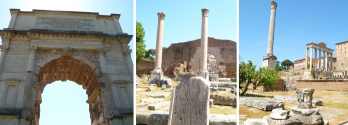 Forum Romano: Arco de Tito, Basílica Emília e Templo de Saturno no detalhe