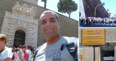 Museus do Vaticano. Procure pela placa amarela indicando a fila dos que tem ingresso comprado antecipadamente