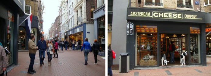 Kalverstraat (esq) e a loja de queijos holandeses (dir)