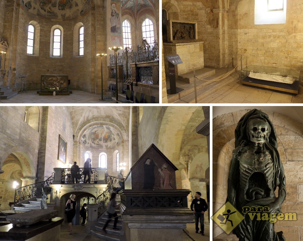 Interior rústico da Basílica de São Jorge, cheia de relíquias fúnebres
