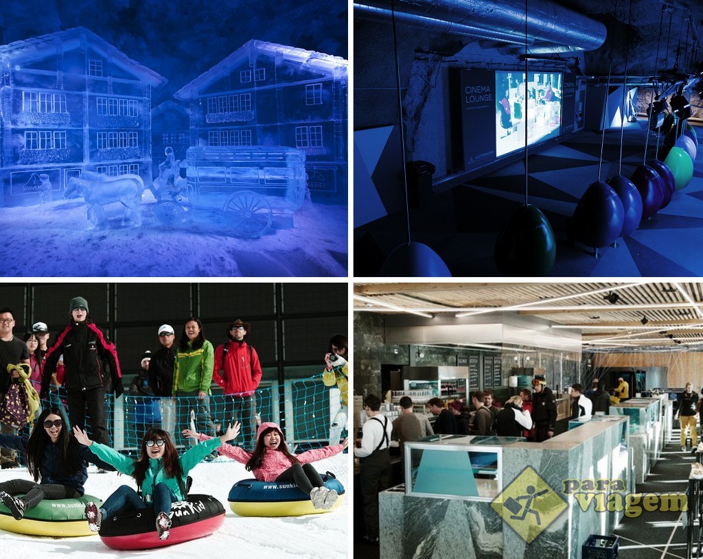EM CIMA: Glacier Palace (esq) e o Cinema Lounge (dir). EM BAIXO: Snow-Tubing (esq) e o restaurante do mirante (dir).