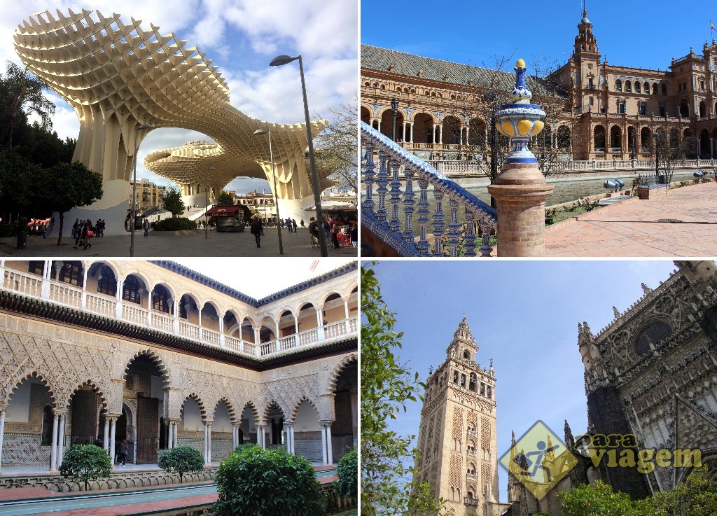 SEVILHA: Metropol Parasol e Plaza de España (em cima) – Alcázar de Sevilha e a Giralda da Catedral (embaixo)