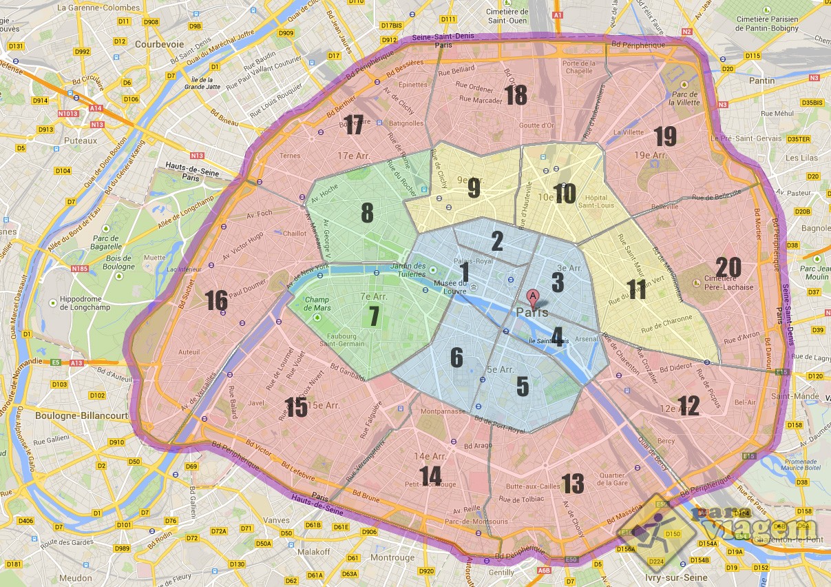Mapa com os Bairros de Paris, França