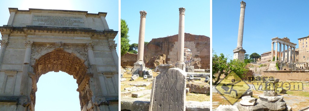Forum Romano: Arco de Tito, Basílica Emília e Templo de Saturno no detalhe