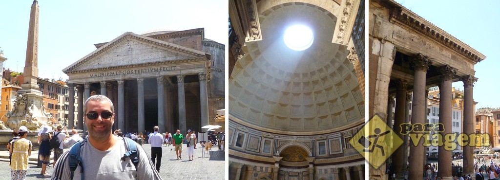Piazza della Rotonda e o Pantheon. O interior do templo & o óculo no detalhe.