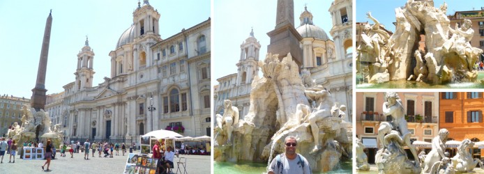 Piazza Navona e Igreja de Santa Agnese in Agone ao fundo. No detalhe, a lindíssima Fontana dei Quattro Fiumi.