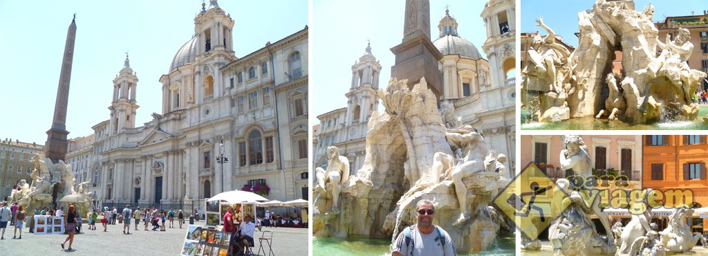 Piazza Navona & a Igreja de Santa Agnese in Agone ao fundo. No detalhe, a lindíssima Fontana dei Quattro Fiumi.