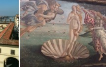 Corredor Vasari. 'Nascimento de Vênus', de Botticelli. 'Sagrada Família' de Michelangelo. Detalhe da 'Anunciação' de da Vinci.