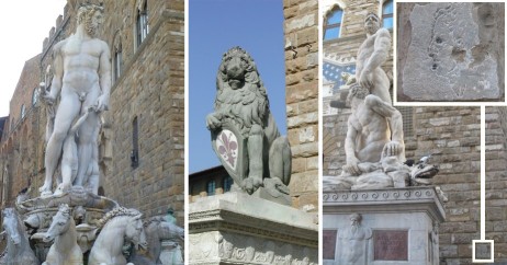 'Fontana de Netuno', 'Marzocco' e 'Hércules e Caco'. 'L'Importuno' no detalhe