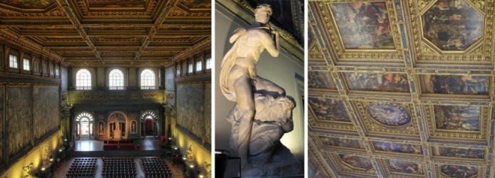 Salone dei Cinquecento. No detalhe: 'Il genio della Vittoria', de Michelangelo e o teto com afrescos de Vasari