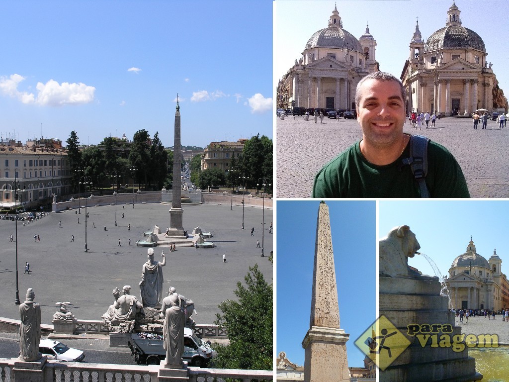 Piazza del Popolo e as igrejas gêmeas. No detalhe, o Obelisco Flaminio e uma das minifontes