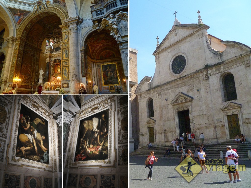 Igreja de S. Maria del Popolo e seu interior. Obras de Caravaggio no detalhe.