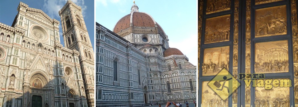 Basília de S. Maria del Fiore e o Campanário de Giotto. Lateral do Duomo. Portade bronze do Batistério no detalhe
