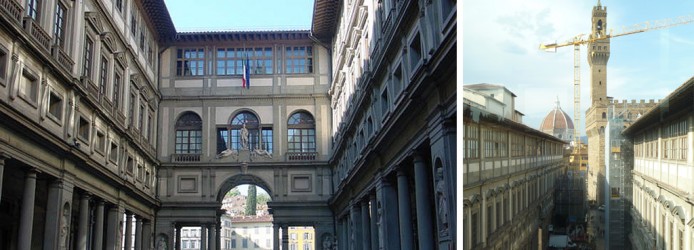 Galleria degli Uffizi. No detalhe: vista do Palazzo Vechio e Duomo do interior da galeria. 