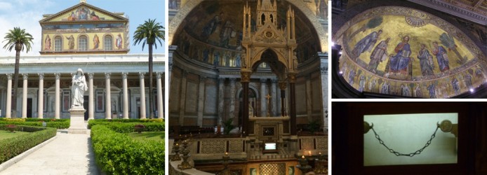 Basílica de São Paulo Extramuros. No detalhe, o altar papal, o belo mosaico no interior da cúpula e as correntes de São Pedro.