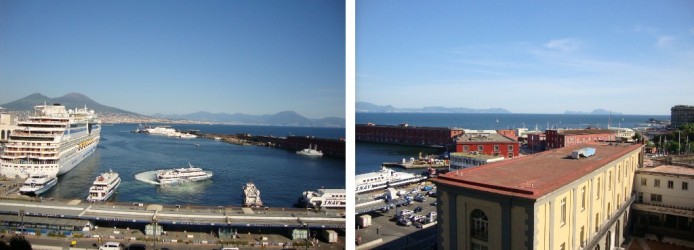 Vista do terraço do Castel Nuovo: o porto e o Vesúvio (à esq.) e a Península de Sorrento e Capri (à dir.) 