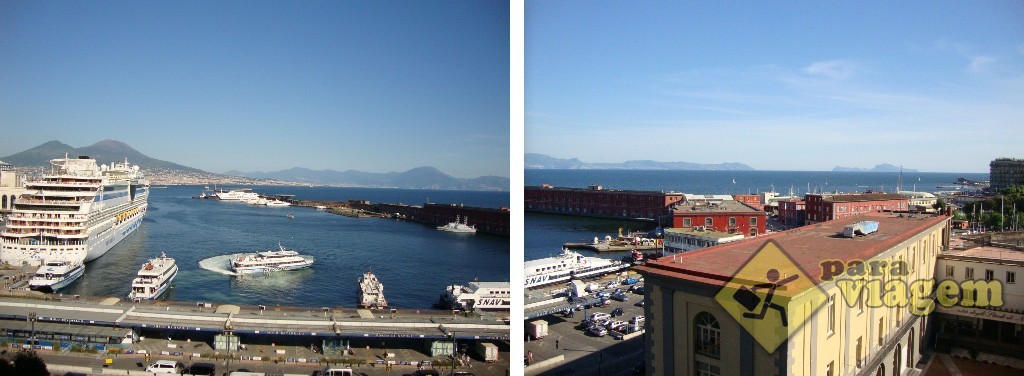 Vista do terraço do Castel Nuovo: o porto e o Vesúvio (à esq.) e a Península de Sorrento e Capri (à dir.)