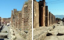 Ruas de Pompeia: as marcas das rodas das bigas (esq) e as pedras no meio da rua (dir)