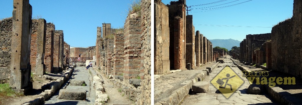 Ruas de Pompeia: as marcas das rodas das bigas (esq) e as pedras no meio da rua (dir)