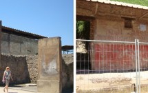 Pintura do edifício em escavação (esq) e pixações nas paredes (dir)