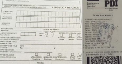 Formulário  a ser preenchido (esquerda) e Documento PDI entregue na imigração (direita)