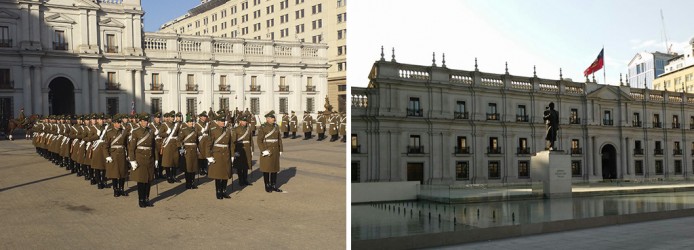 Troca da Guarda e a fachada do Palácio La Moneda para a Plaza de la Cuidadania