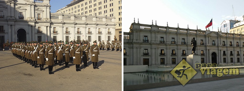 Troca da Guarda e a fachada do Palácio La Moneda para a Plaza de la Cuidadania