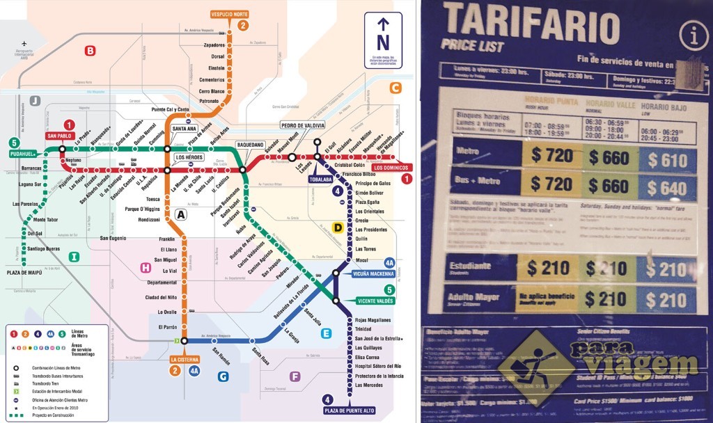 Mapa do metrô de Santiago e tarifário