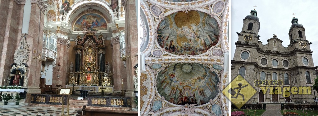 Dom St. Jakob e sua bela decoração barroca. Na foto do meio, os afrescos das cúpulas