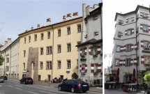 Os vestígios da antiga muralha nos edifícios da rua (esq) e o Ottoburg (dir)