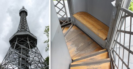 As plataformas da torre (esq) e o banco para descanso na escadaria (dir)