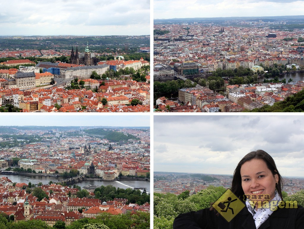 Em sentido horário: Ponte Carlos e Cidade Velha (esq. inferior),  Castelo de Praga e Malá Strana (esq. superior) e a Cidade Nova (dir. superior) 