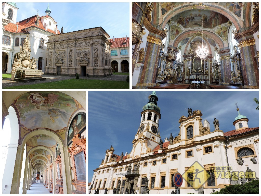 Loreto de Praga: o pórtico decorado (esq. inferior), a Santa Casa (esq. superior), a Ig. da Natividade (dir. superior) e a entrada (dir. inferior)