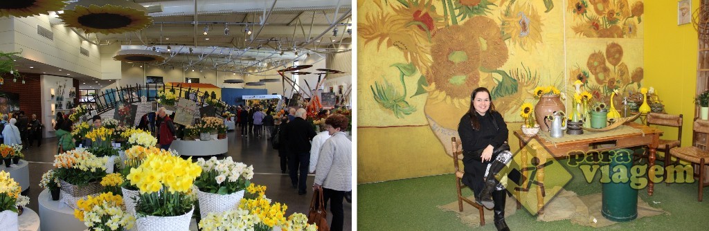 Exposição de flores no Pav. Oranje Nassau (esq) e os girassóis de Van Gogh (dir)