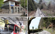 EM CIMA: Estação do funicular em Interlaken (esq) e a subida íngreme (dir). EM BAIXO: Funicular (esq) e a estradinha para o mirante (dir)