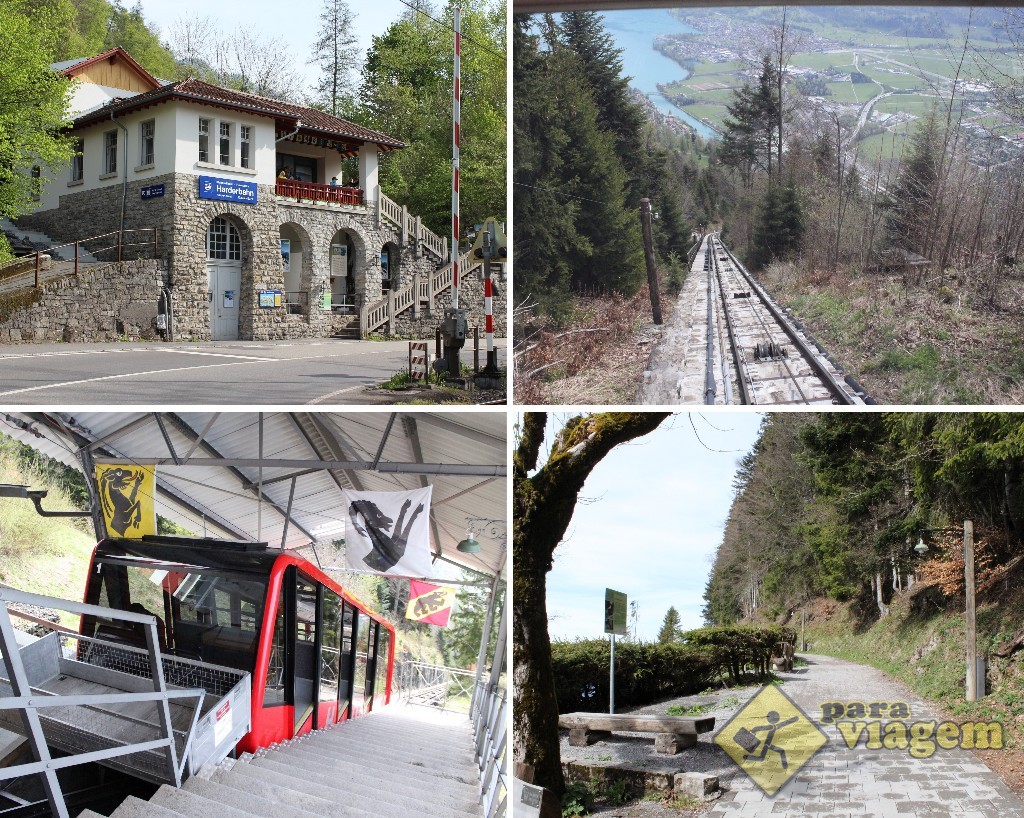 EM CIMA: Estação do funicular em Interlaken (esq) e a subida íngreme (dir). EM BAIXO: Funicular (esq) e a estradinha para o mirante (dir)