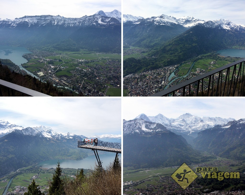 EM CIMA: Vista de Interlaken e os lagos Brienz (esq) e Thun (dir). EM BAIXO: A plataforma do mirante Harder Kulm (esq) e o trio de picos nevados Mönsch, Eiger e Jungfrau (dir)