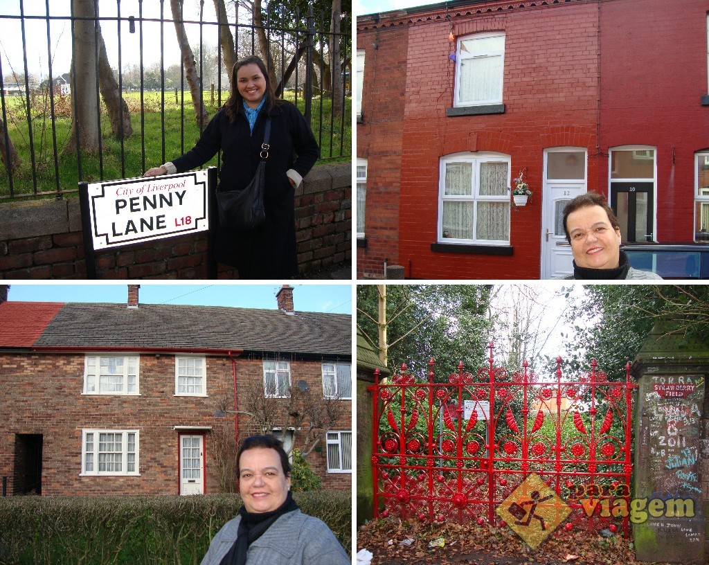 Algumas atrações do tour. ACIMA: A rua Penny Lane (dir) e a casa onde nasceu George Harrison (esq). ABAIXO: A casa onde morou Paul McCartney (esq) e o Strawberry Field (dir).