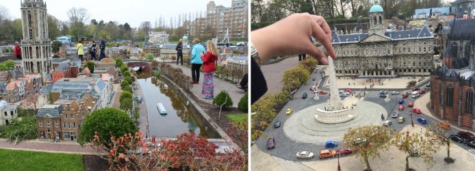 Brincando com a perspectiva: os visitantes fotografados como gigantes sobre as "cidades" (esq) e "jogando xadrez" com o Nationaal Monument de Amsterdam (dir)