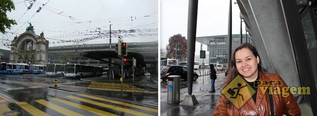 Estação de trem de Lucerna (esq) e o KKL (dir)