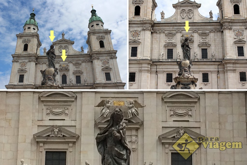 Olhando rápido, é só uma coroa dourada enfeitando uma fachada e uma estátua da Virgem Maria na frente. Mas se olharmos com mais cuidado e por outra perspectiva...