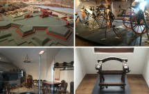 EM CIMA: Maquete da Salzburgo medieval (esq) e armas/armaduras (dir). EM BAIXO: Utensilhos de cozinha dos séc. 16/17 (esq) e uma cadeira usada na tortura de presos (dir)