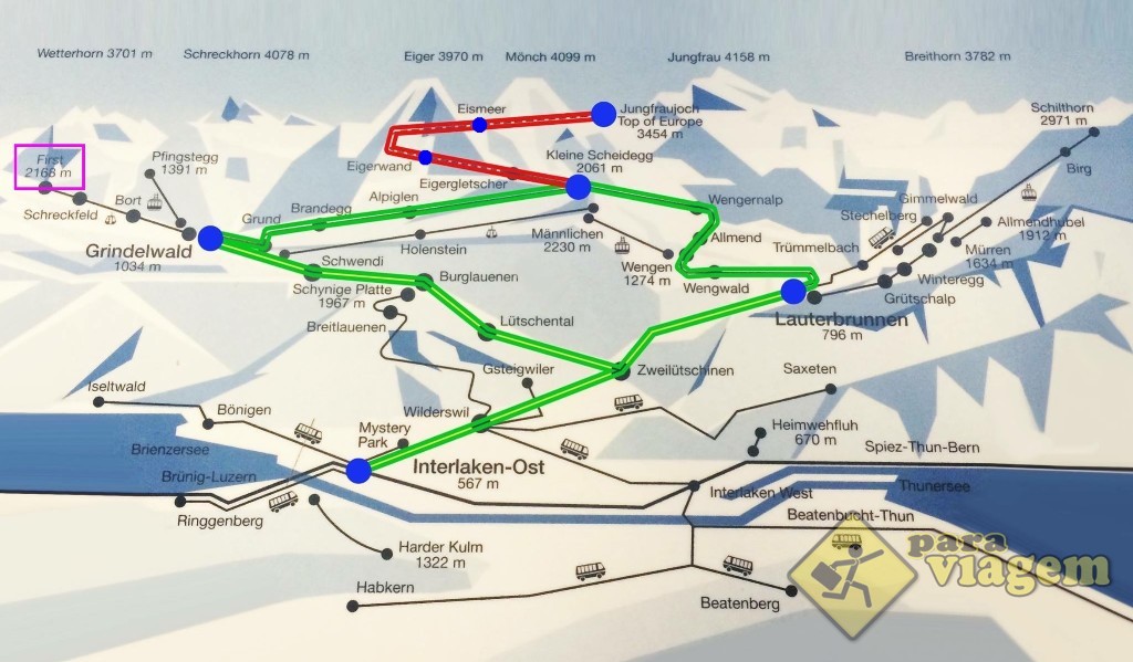 Mapa da região do Jungfrau. Em verde, as linhas que circulam pelos vilarejos. Em vermelho, o trajeto do Jungfraubahnen
