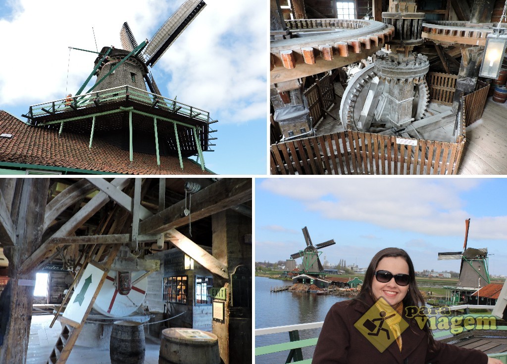 É possível subir à plataforma superior de alguns moinhos em Zaanse Schans. Podemos ver o seu interior, o maquinário e um belo panorama do entorno lá de cima