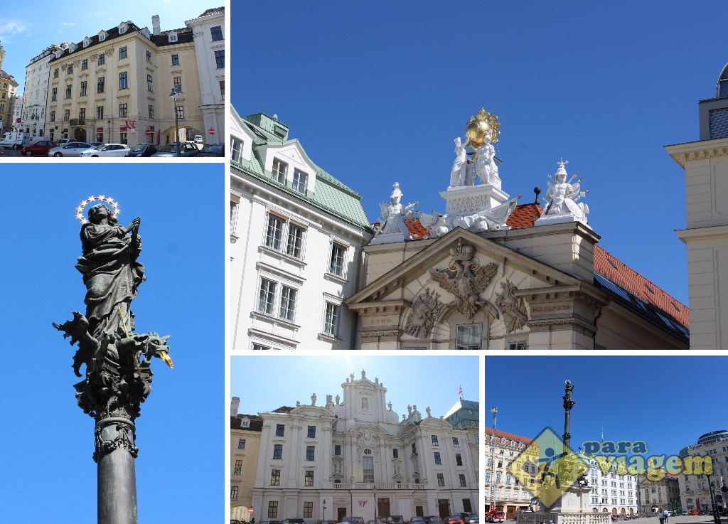 Am Hof: Em destaque na foto, a Mariensäule e as esculturas no topo do Bürgerliches Zeughaus. Nas fotos menores, o Palácio Collalto (no alto) e a Capela do Coro dos 9 Anjos (em baixo)
