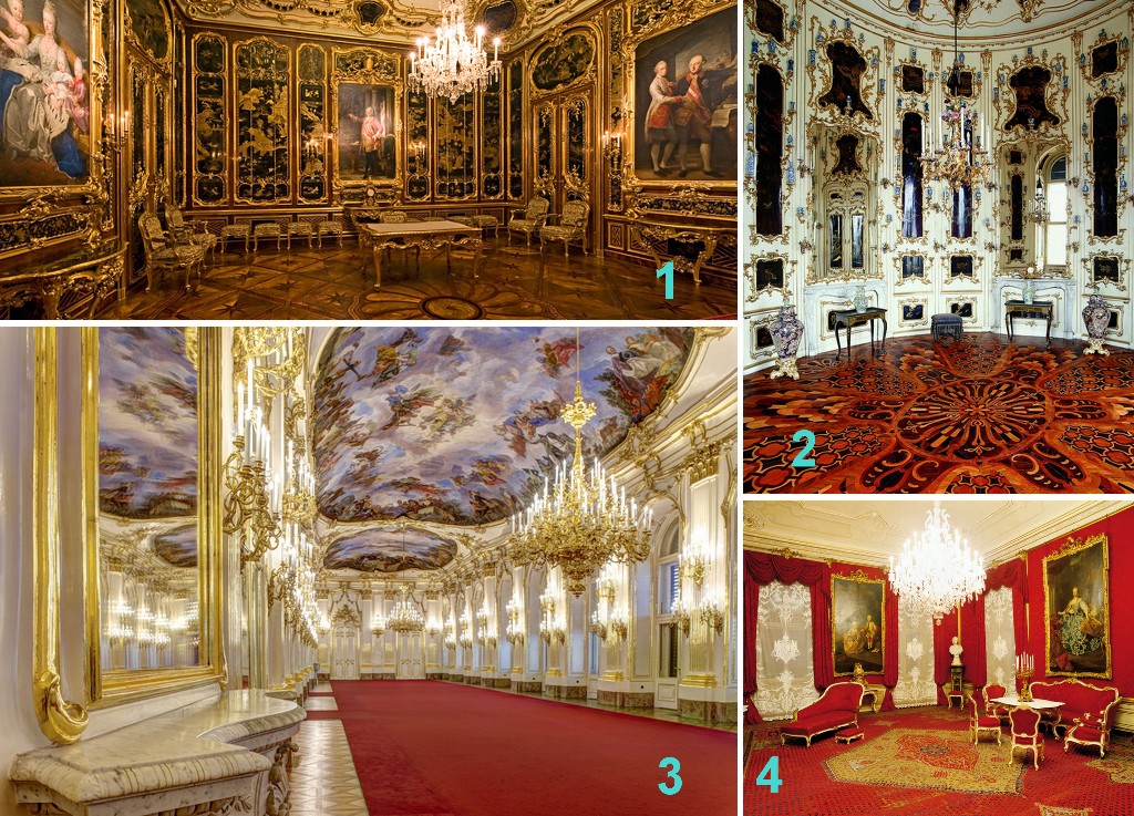 1) Quarto Vieux-Laque ; 2) Um dos Gabinetes Chineses ; 3) Grande Galeria; 4) Um dos elegantes aposentos do palácio, com retratos de membros dos Habsburgo. (Fonte: site oficial de Schönbrunn)