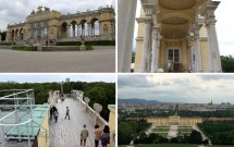 Gloriette e seus detalhes. Abaixo à esquerda, o terraço em 2 níveis. Ao lado, a vista de Schönbrunn e de Viena