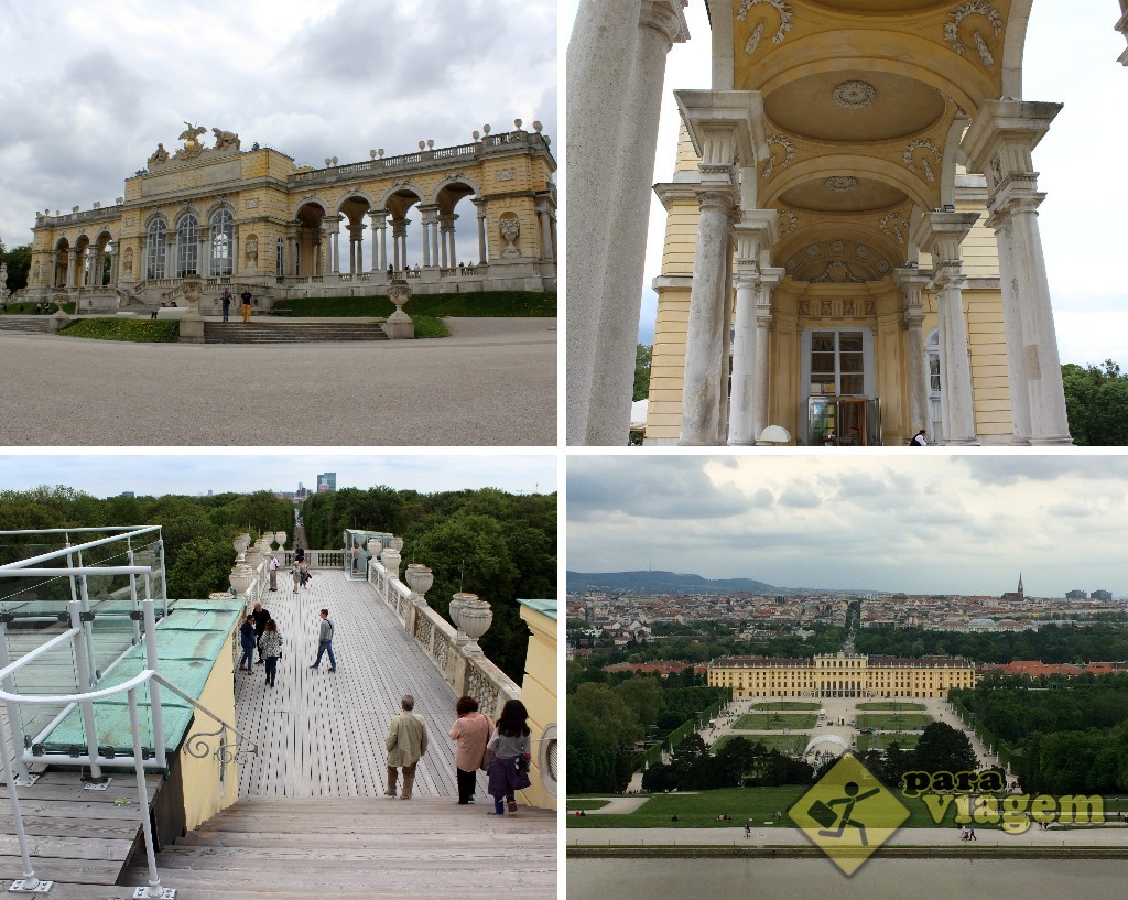 Gloriette e seus detalhes. Abaixo à esquerda, o terraço em 2 níveis. Ao lado, a vista de Schönbrunn e de Viena