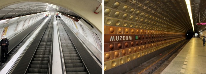 Escada rolante (íngreme) e a plataforma da estação Muzeum
