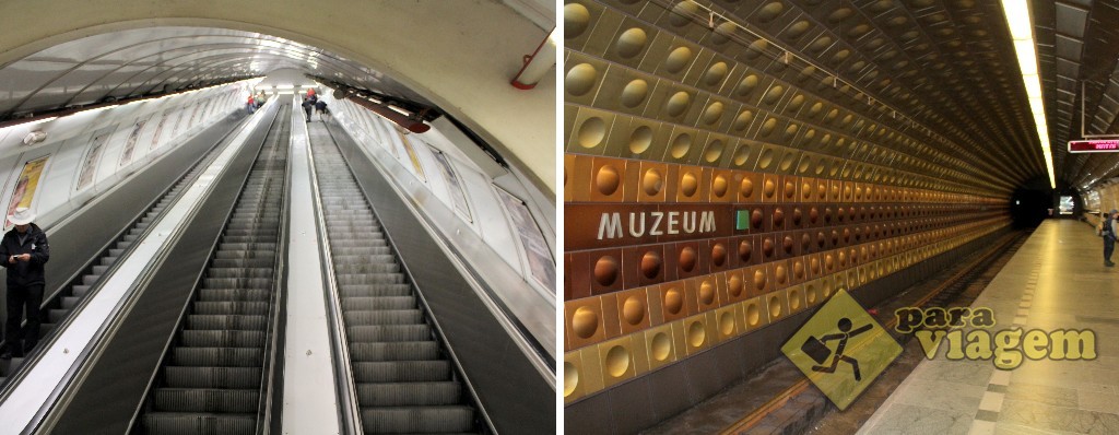 Escada rolante (íngreme) e a plataforma da estação Muzeum